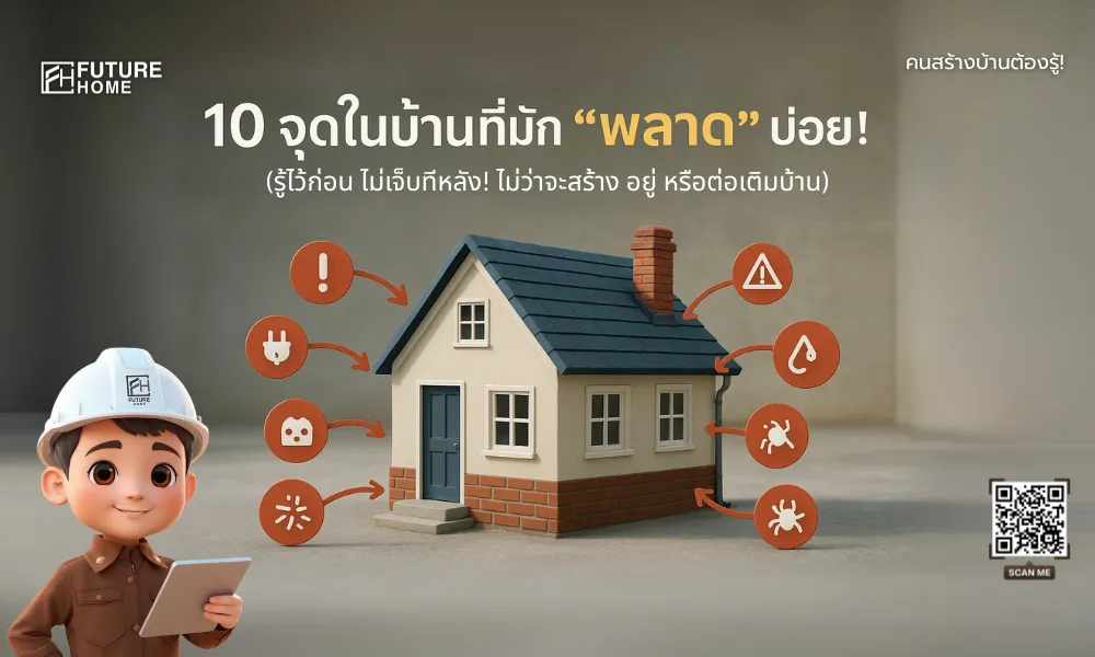 อินโฟกราฟิก 10 จุดในบ้านที่มัก “พลาด” บ่อย สำหรับคนสร้างบ้าน จาก Future Home แสดงภาพบ้านพร้อมไอคอนเตือนปัญหาต่างๆ ที่ต้องระวังในการสร้างและต่อเติมบ้าน