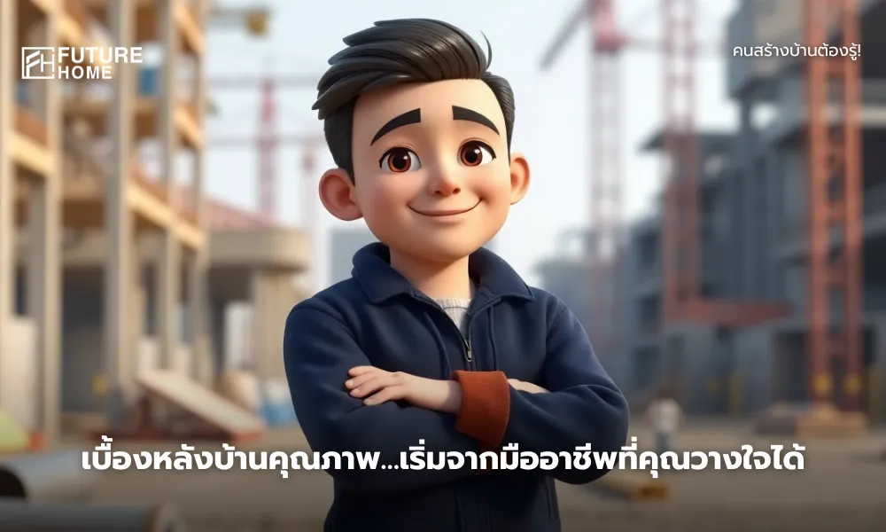 มาสคอตวิศวกรผู้ชายยืนกอดอก ยิ้มอย่างมั่นใจ สวมเสื้อช็อปสีกรมแขนเสื้อน้ำตาล ฉากหลังเป็นไซต์งานก่อสร้างเบลอเล็กน้อย ภาพสไตล์ 3D Animation พร้อมข้อความ เบื้องหลังบ้านคุณภาพ...เริ่มจากมืออาชีพที่คุณวางใจได้