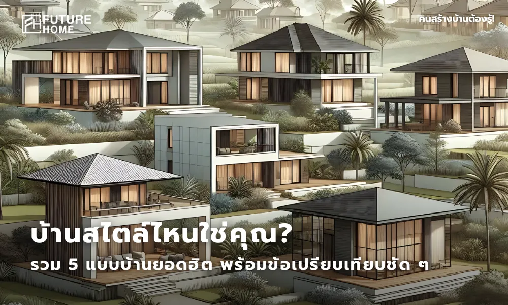 ภาพประกอบแนวอินโฟกราฟิกแสดงแบบบ้าน 5 สไตล์ยอดนิยมของคนไทย ได้แก่ บ้านคอนเทมโพรารี่ โมเดิร์น มินิมอล ทรอปิคอล และคลาสสิก พร้อมองค์ประกอบที่สื่อถึงสไตล์บ้านอย่างลงตัว