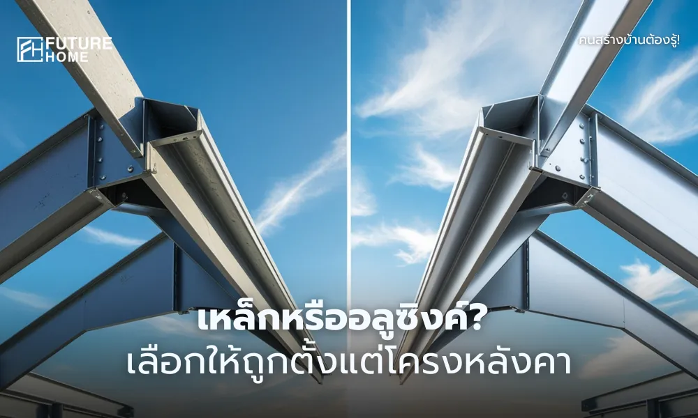 ภาพโครงหลังคาเหล็กธรรมดาเปรียบเทียบกับโครงหลังคาเหล็กเคลือบ Aluzinc เห็นความต่างชัดเจนเรื่องการป้องกันสนิมและพื้นผิววัสดุ