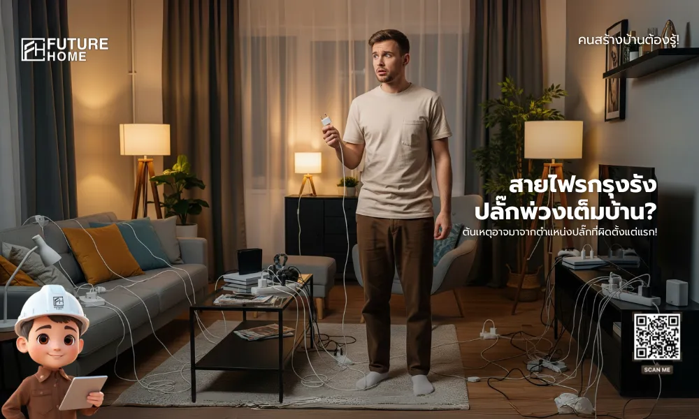 ภาพโปรโมทบล็อก 'Future Home' ชายหนุ่มสับสนกับสายไฟและปลั๊กพ่วงเต็มห้องนั่งเล่น พร้อมข้อความพาดหัว 'สายไฟรกรุงรัง ปลั๊กพ่วงเต็มบ้าน' และโลโก้ Future Home รวมถึง QR Code สำหรับสแกน
