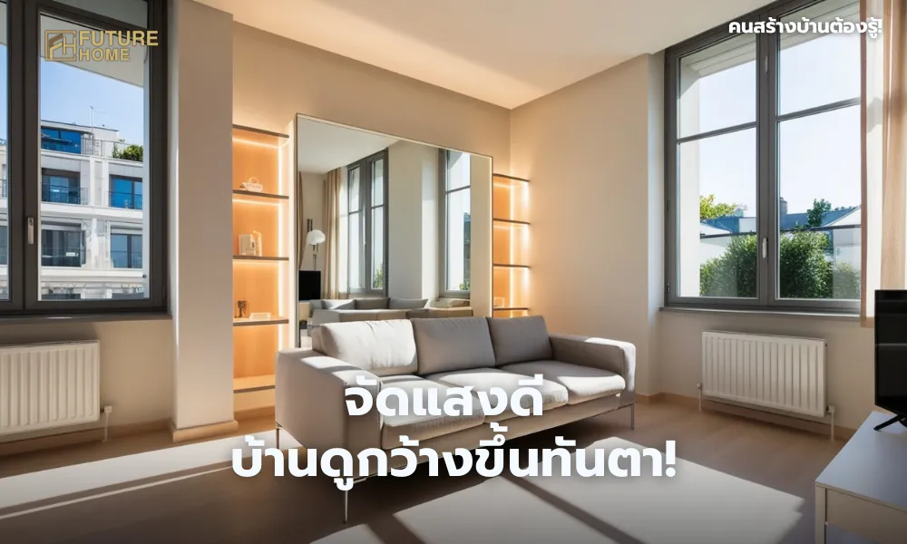 ห้องนั่งเล่นขนาดเล็กที่มีแสงธรรมชาติส่องผ่านหน้าต่างบานใหญ่ ไฟ LED ซ่อนใต้ชั้นวางของและเฟอร์นิเจอร์ช่วยสร้างบรรยากาศอบอุ่นและโปร่งกว้าง ผนังสีอ่อน การตกแต่งแบบมินิมอล และกระจกขนาดใหญ่สะท้อนแสง ทำให้พื้นที่ดูกว้างขึ้น
