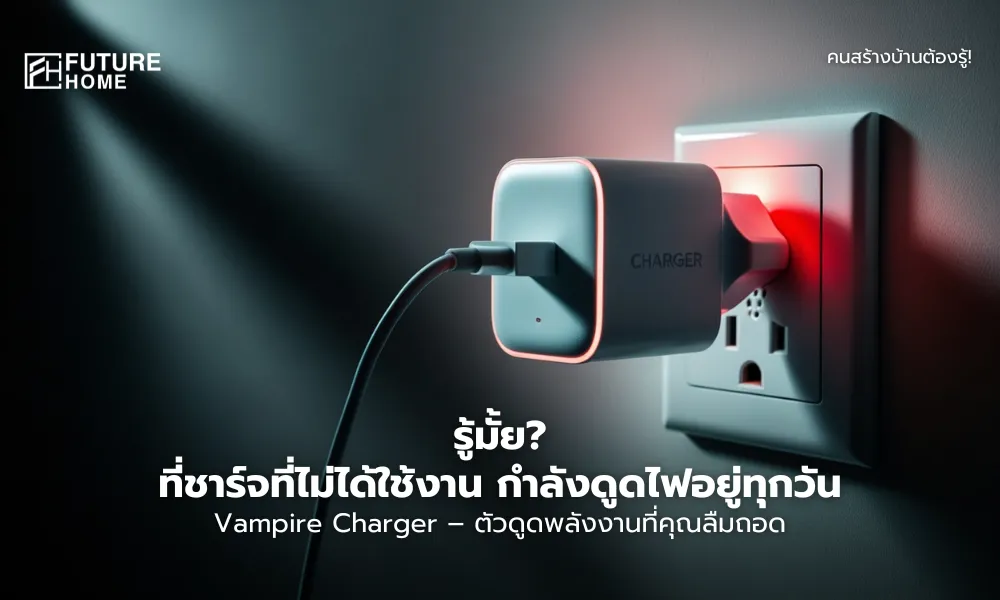 ที่ชาร์จโทรศัพท์เสียบปลั๊กไฟ แสดงถึงแนวคิดของ 'Vampire Charger' หรือ 'Phantom Load' ที่กินไฟแม้ไม่ได้ชาร์จอุปกรณ์