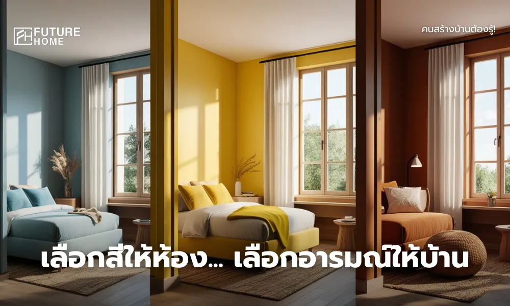 ภาพห้องสามสไตล์ที่ใช้สีแตกต่างกัน ได้แก่ ฟ้า เหลือง และน้ำตาล แสดงอารมณ์ที่แตกต่างกันในแต่ละห้อง