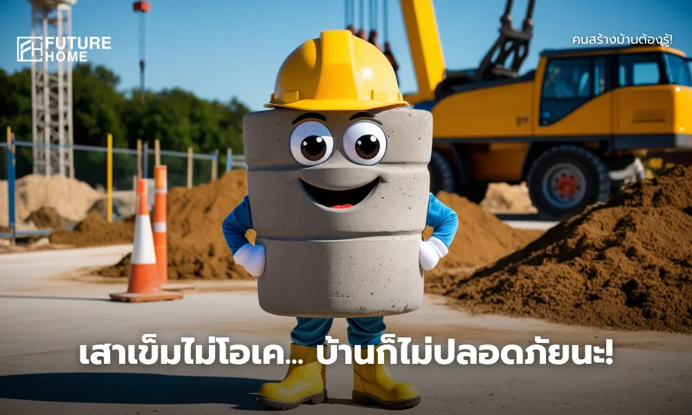 มาสคอตรูปร่างเป็นเสาเข็ม หน้าตาน่ารัก ใส่หมวกนิรภัย ยืนอยู่กลางไซต์งานก่อสร้าง
