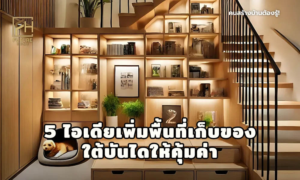 พื้นที่ใต้บันไดในบ้านสไตล์โมเดิร์น ถูกออกแบบให้เป็นพื้นที่เก็บของสุดคุ้มค่า มีตู้ไม้บิลท์อิน ชั้นวางหนังสือและต้นไม้ พร้อมมุมพักผ่อนสำหรับสัตว์เลี้ยง ให้บรรยากาศอบอุ่นและเป็นระเบียบ