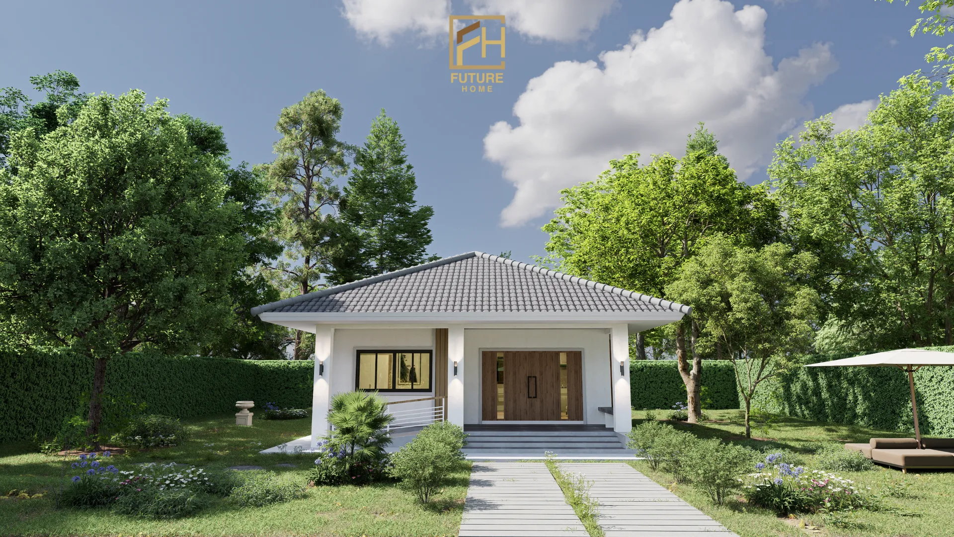 แบบบ้านชั้นเดียวสไตล์คอนเทมโพรารี่ 2 ห้องนอน 1 ห้องนั่งเล่น/รับแขก 1 ห้องน้ำ 1 ห้องครัว 1 ซักล้าง